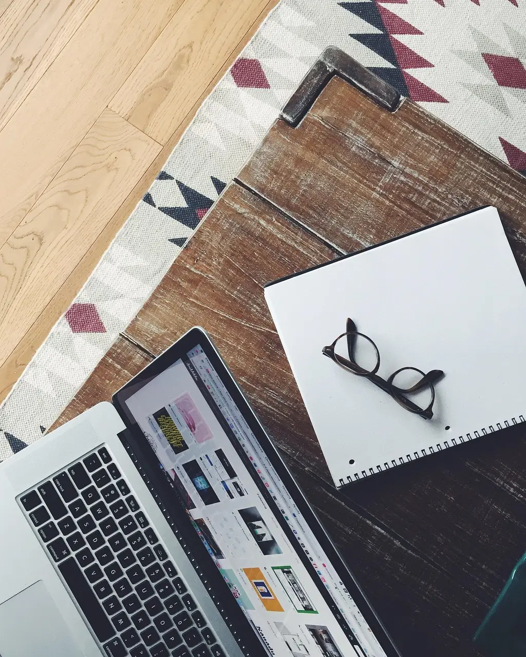 apple, eyeglasses, laptop, macbook, notebook, paper, wood